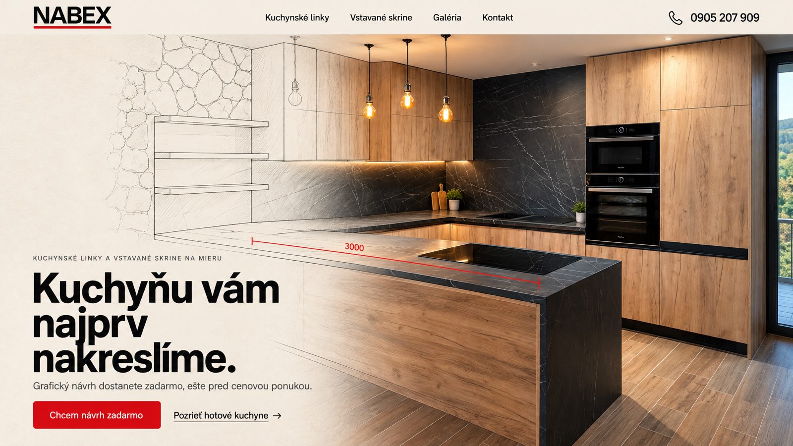 Návrh A: úvod nového webu, vľavo nákres kuchyne, ktorý prechádza do hotovej kuchyne, nadpis „Kuchyňu vám najprv nakreslíme.“