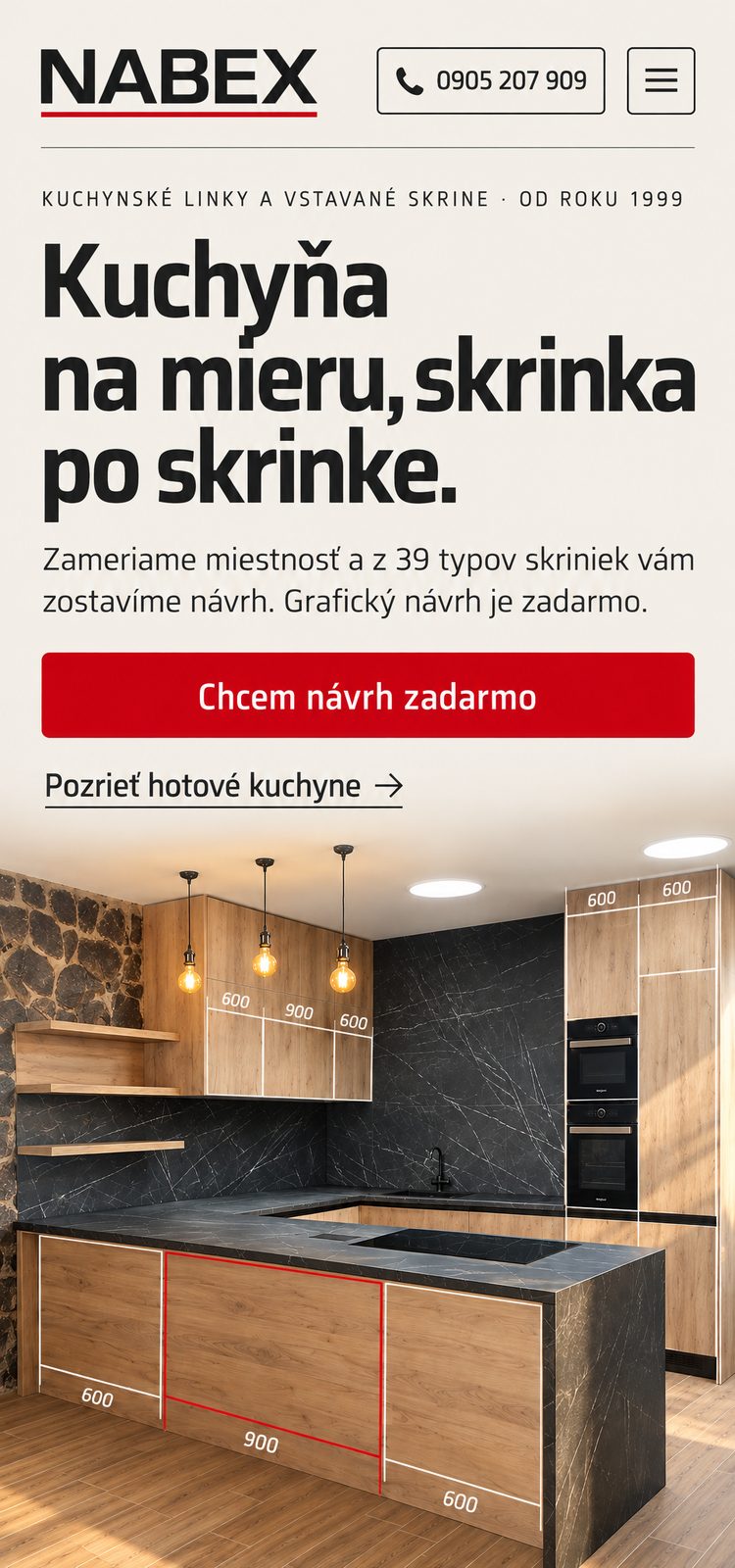 Návrh B na telefóne: nadpis, tlačidlo a pod nimi kuchyňa s vyznačenými skrinkami