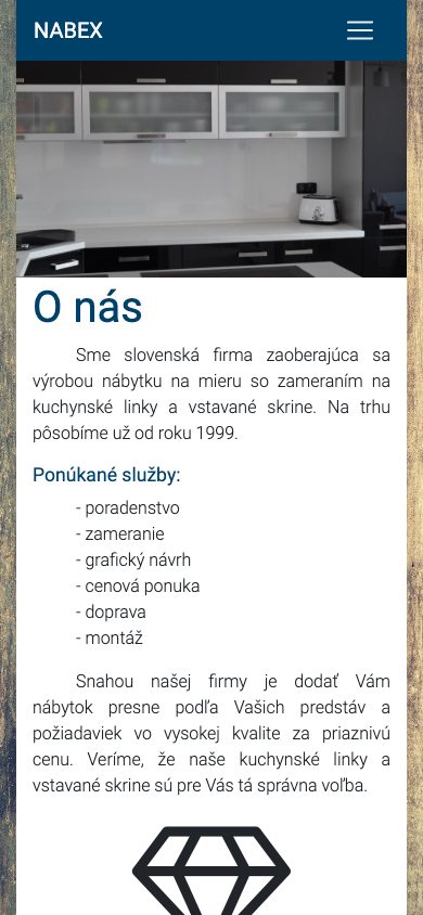 Dnešný web na telefóne: v hlavičke len NABEX a menu, pod tým malá fotka kuchyne a nadpis „O nás“